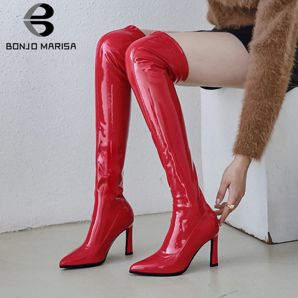 BONJOMARISA Over The Knee Boots Woman Patent PU Stretch Boots women'S High Heels Autumn Winter Over The Knee Boots Size 34-43
BONJOMARISA Over The Knee Boots Woman Patent PU Stretch Boots women'S High Heels Autumn Winter Over The Knee Boots Size 34-43