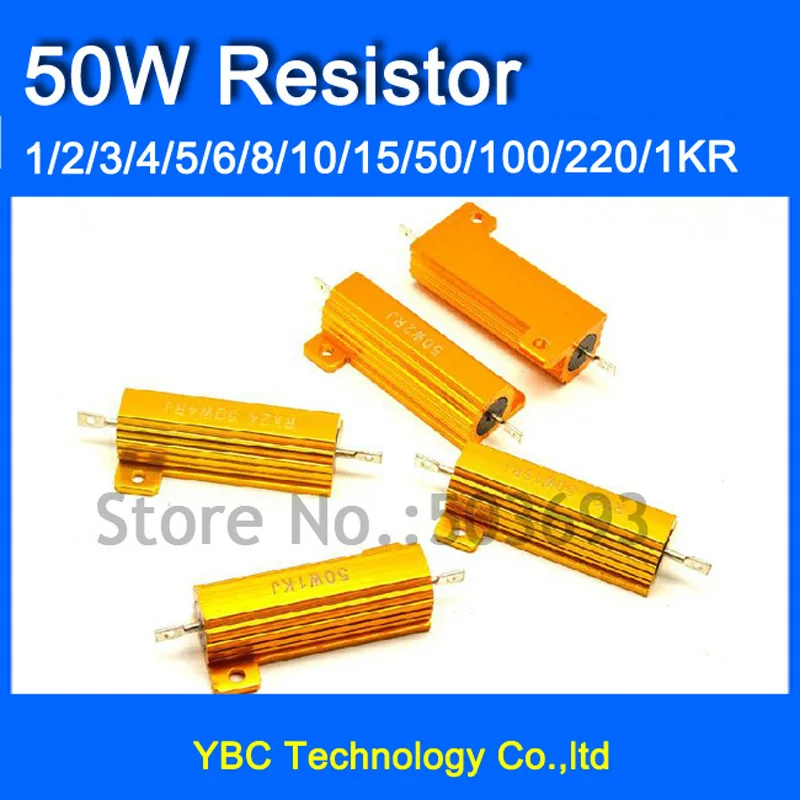 

5pcs/lot RX24 50W Watt Power Metal Shell Aluminium Gold Resistor 1R 2R 3R 4R 5R 6R 8R 10R 15R 50R 100R 220R 1K etc.