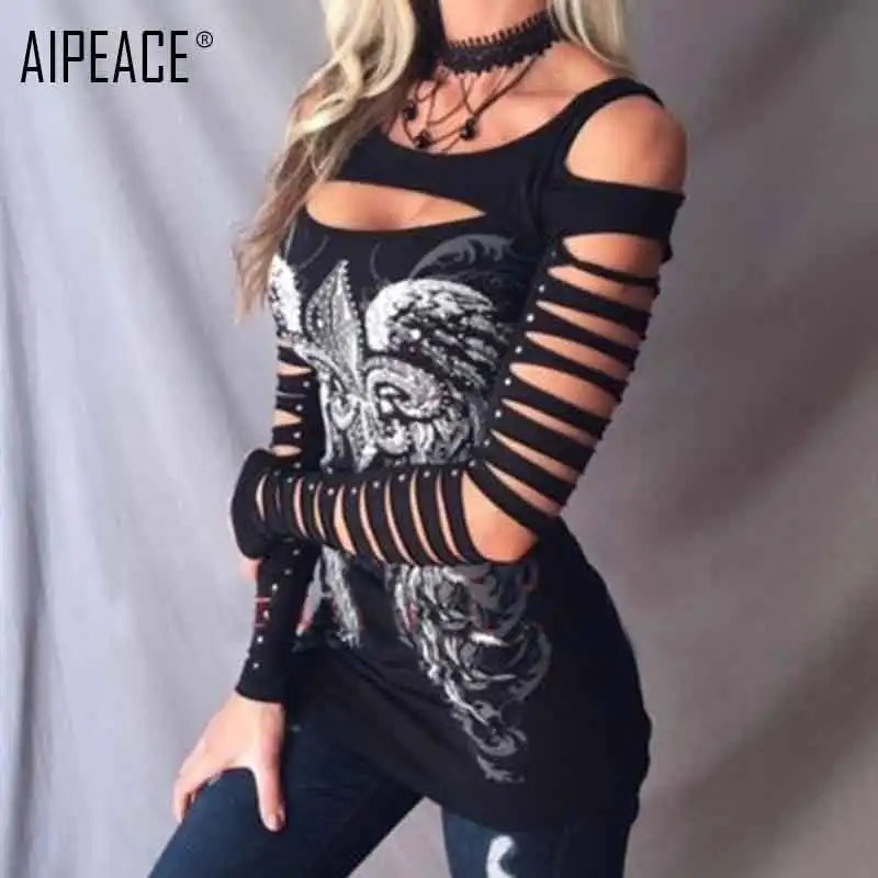 AIPEACE Модные женские облегающие футболки с длинным рукавом открытые топы принтом