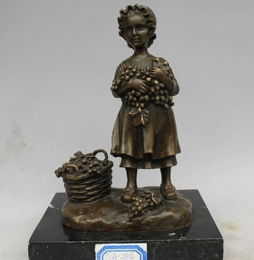 free 7"Western Art sculpture Bronze Marble flower basket lassock Little Girl Statue fast