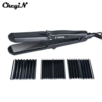 

100-240V Professional Interchangeable 4 in 1 Ceramic Hair Crimper Straightener Corn Waver Corrugated Iron Plate with Glove