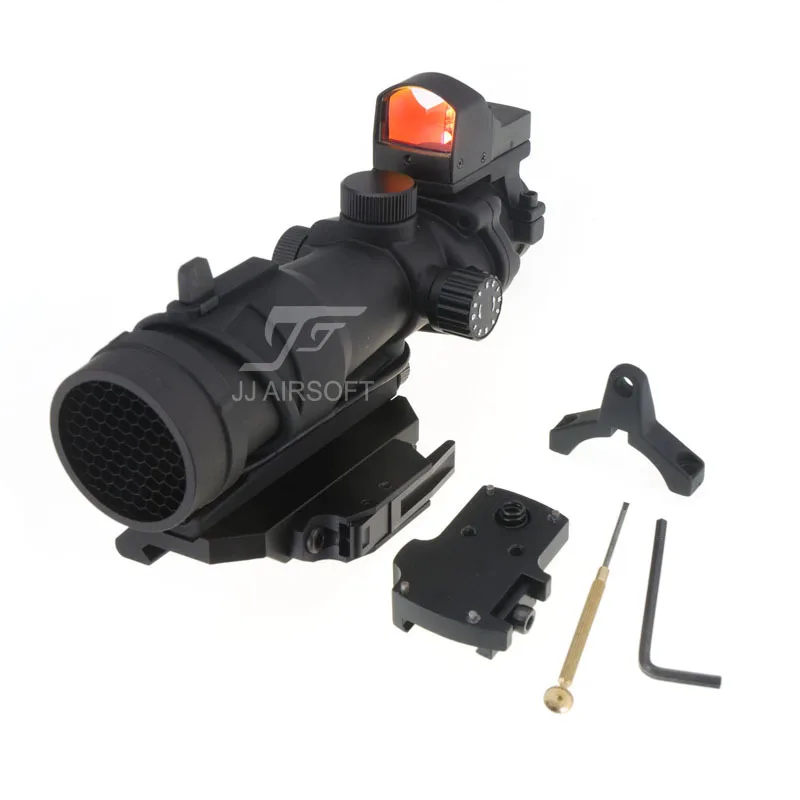 JJ Airsoft ACOG Style 4x32 Scope Red/Green Reticle/Illumination with Mini Red Dot and Killflash,obro Style QD Mount (Black)
JJ Airsoft ACOG Style 4x32 Scope Red/Green Reticle/Illumination with Mini Red Dot and Killflash,obro Style QD Mount (Black)