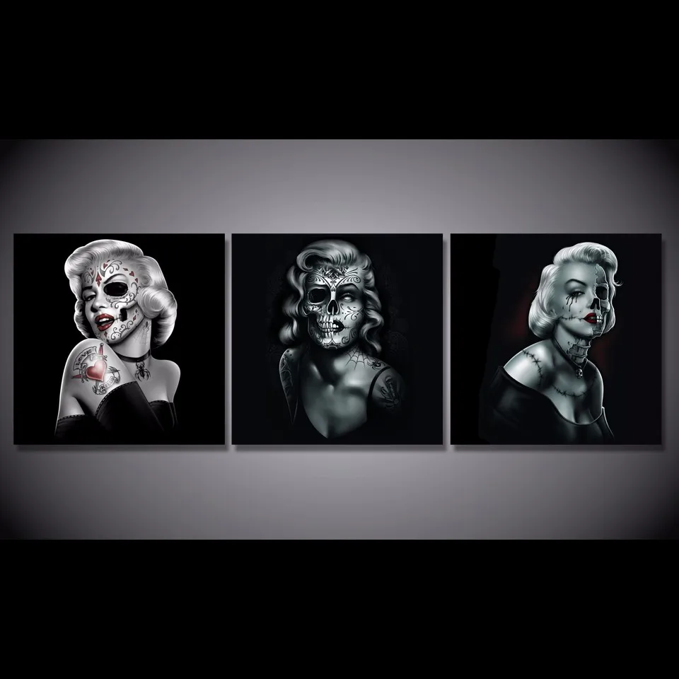 3 Pieces Set Black And White Marilyn Skull Poster Modern Home Wall Decor Canvas Picture Art HD Print Painting On Canvas Artworks