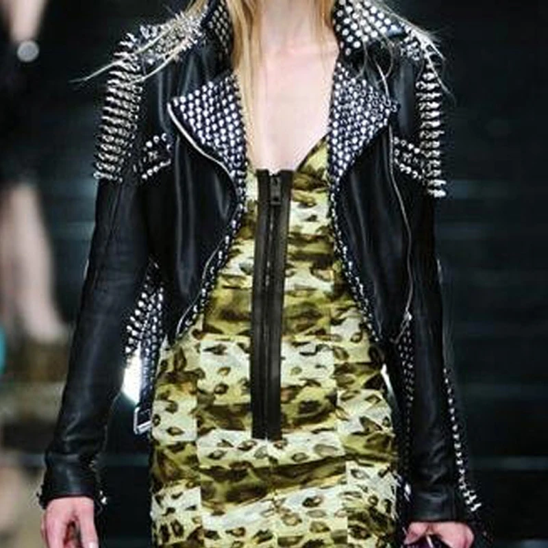 High Quality Washed Leather Women Rivets Jackets Luxury Spiked Studded Faux Sheep Leather Slim Black Pu Leather Coats B474
High Quality Washed Leather Women Rivets Jackets Luxury Spiked Studded Faux Sheep Leather Slim Black Pu Leather Coats B474