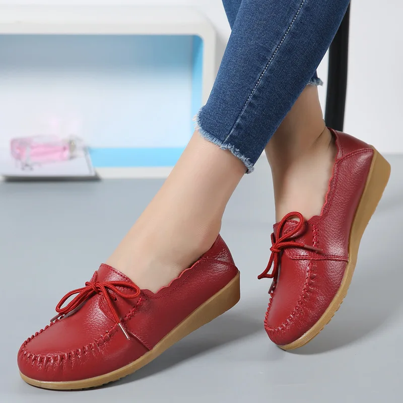 

ZZPOHE women shoes Spring new fashion women genuine leather flats Women's Slip On lace up round toe Casual Shoes ladies shoes