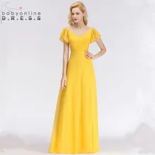 Nuevo vestido de noche de manga corta Color caramelo amarillo largo 2018 V cuello Simple una línea vestido de noche 34 colores personalizados hecho, vestido Formal(China)