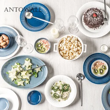 ANTOWALL Nordic ins style dinnerware ceramic home white and blue disc flat plate Western steak dish stripes round plate
ANTOWALL Nordic ins style dinnerware ceramic home white and blue disc flat plate Western steak dish stripes round plate