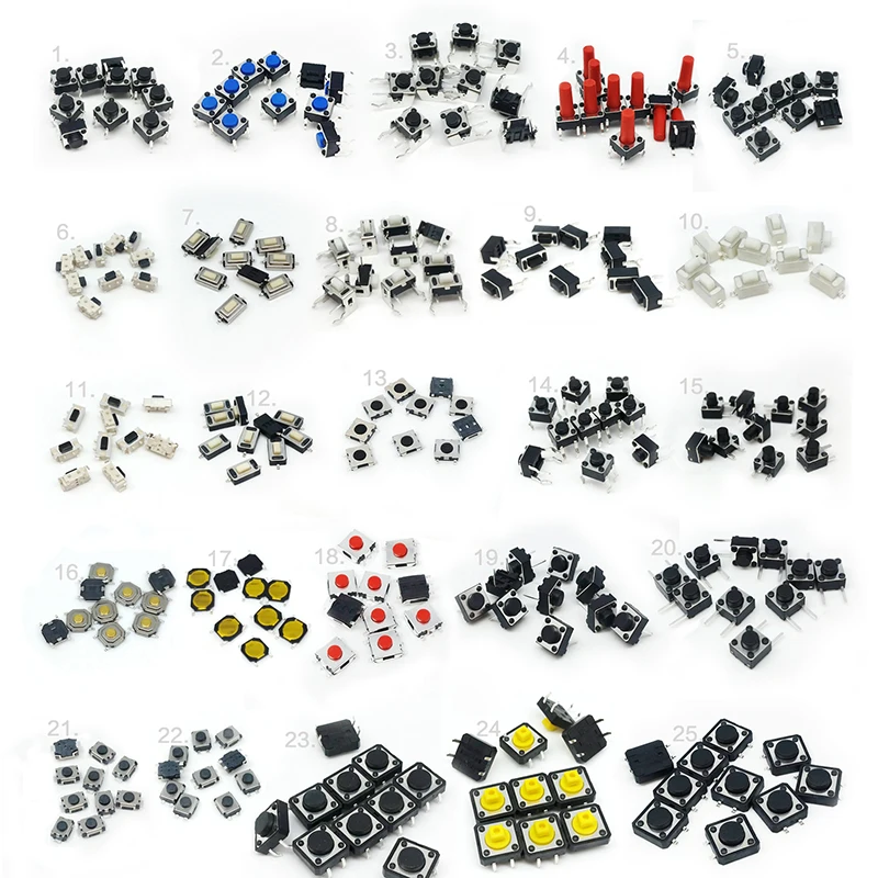 25Types/lot Assorted Micro Push Button Tact Switch Reset Mini Leaf Switch SMD DIP 2*4 3*6 4*4 6*6
25Types/lot Assorted Micro Push Button Tact Switch Reset Mini Leaf Switch SMD DIP 2*4 3*6 4*4 6*6