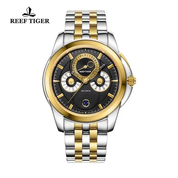 

Reef Tiger/RT Fashion Watches Date Calendar Moon Phase Two Tone Yellow Gold Dress Watch Multi-Functional Watches RGA830