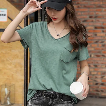 New Type of Green Short 2020 T-shirt with Bamboo Cotton V-collar for Women in Summer Loose Large Size Pure Half Sleeve T-shirt
New Type of Green Short 2020 T-shirt with Bamboo Cotton V-collar for Women in Summer Loose Large Size Pure Half Sleeve T-shirt