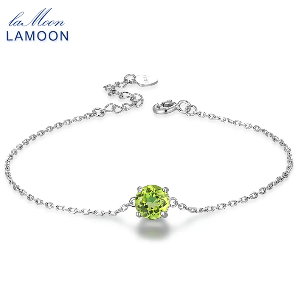 LAMOON Charm Bracelets for Women 7mm Natural Peridot 925 Sterling Silver Jewelry White Gold Plated Chain Party Bangle HI039 | Украшения и