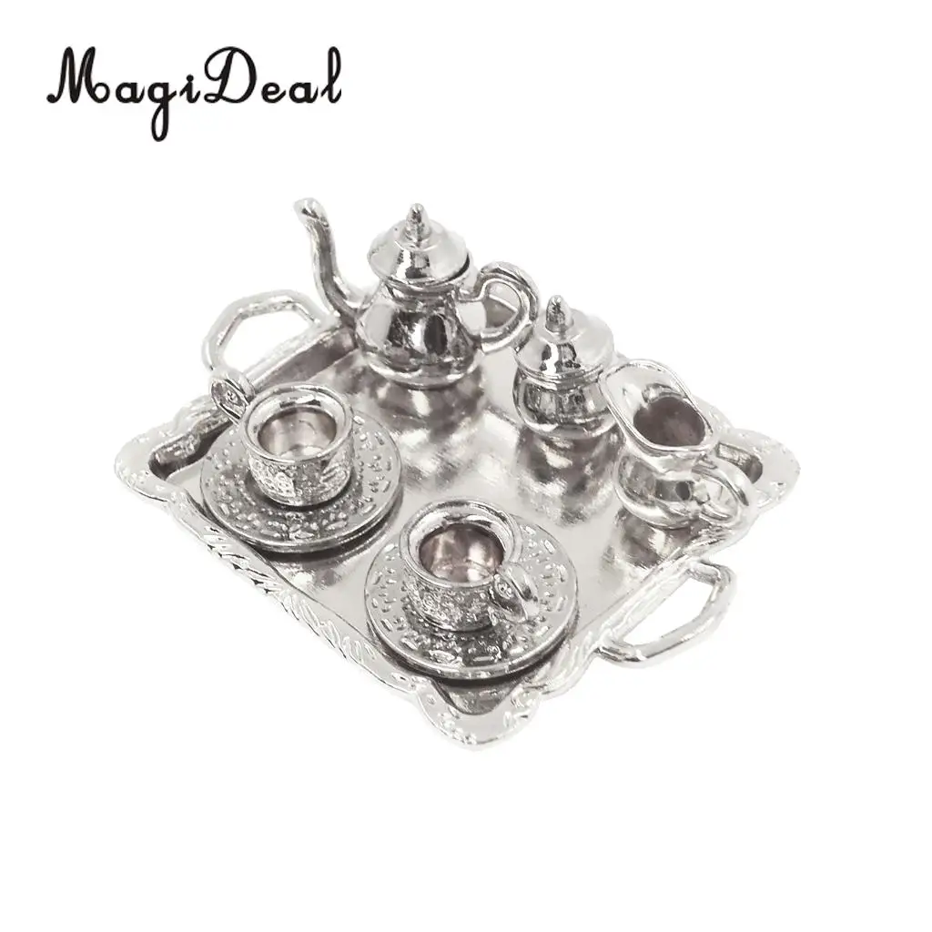 10Pcs Silver Alloy Tea Lid Pot Cups Tray Set for 1:12 Dollhouse Miniature Doll Home House Model Furniture Decor Accs