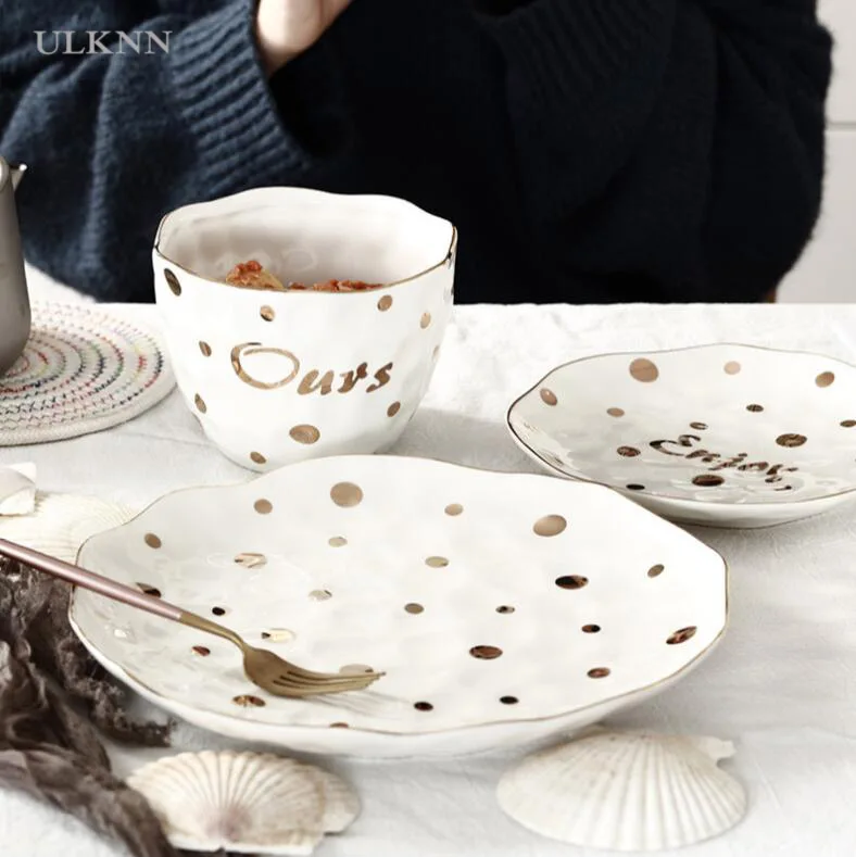 European style gold dot ceramic tableware household dishes Western dish soup salad bowl plate 0440
European style gold dot ceramic tableware household dishes Western dish soup salad bowl plate 0440
