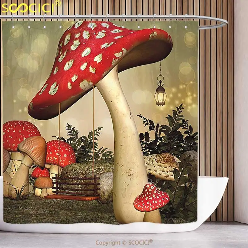 Funky Shower Curtain Mushroom Swing Hanging From Mushroom Wild Grass and Plants Dreamlike Atmosphere Red Ivory Army Green
Funky Shower Curtain Mushroom Swing Hanging From Mushroom Wild Grass and Plants Dreamlike Atmosphere Red Ivory Army Green