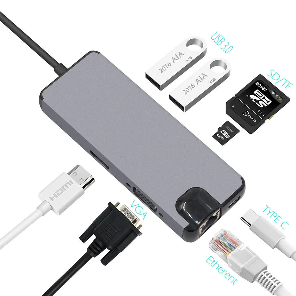 USB-концентратор для SD/TF-карт 4K HDMI-совместимый VGA Тип C 3 0 USB-порт RJ45 сетевая карта