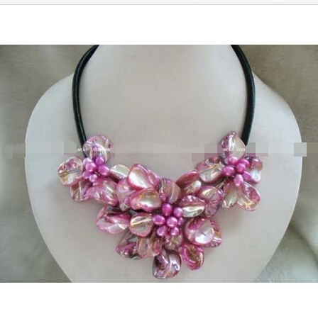 

FREE SHIPPING>>>@@ charming ! 17.5" pink shell and pink FW pearl necklace@^Noble style Natural Fine jewe S