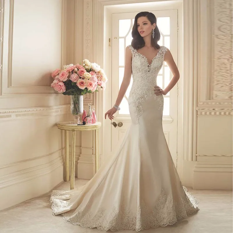 Custom Made New Arrival Mermaid Satin Wedding Dresses Applique V-Neck Key Hole Back Bridal Gowns Vestido de noiva
Custom Made New Arrival Mermaid Satin Wedding Dresses Applique V-Neck Key Hole Back Bridal Gowns Vestido de noiva