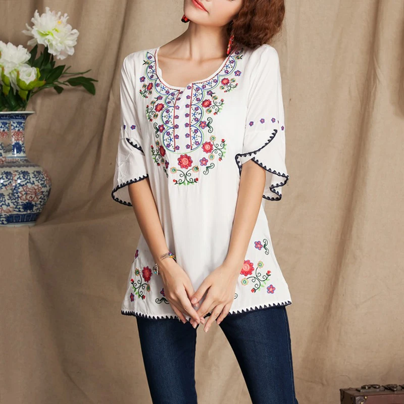 Women Casual Vintage Shirts 70s Mexican Boho Ethnic Floral Embroidered Half Sleeve Round Neck Woman Blouse Tops
Women Casual Vintage Shirts 70s Mexican Boho Ethnic Floral Embroidered Half Sleeve Round Neck Woman Blouse Tops