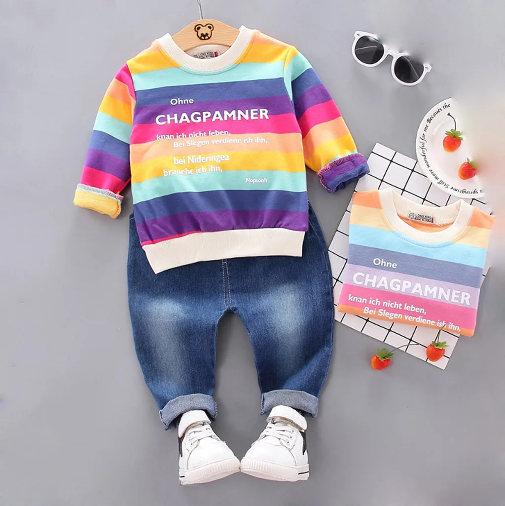 Baby Toddler Boys Girls Clothes Suits Infant Rainbow Autumn Long Sleeve Letter Rainbow T Shirt Tops +Denim Pants 1 2 3 Years
Baby Toddler Boys Girls Clothes Suits Infant Rainbow Autumn Long Sleeve Letter Rainbow T Shirt Tops +Denim Pants 1 2 3 Years