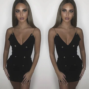 KLEEZY Fashion Femme Black Spaghetti Strap Chain Solid Sheath Bandage Dress Mini Sexy Vestidos Verano Party Club Dress HL4894
KLEEZY Fashion Femme Black Spaghetti Strap Chain Solid Sheath Bandage Dress Mini Sexy Vestidos Verano Party Club Dress HL4894