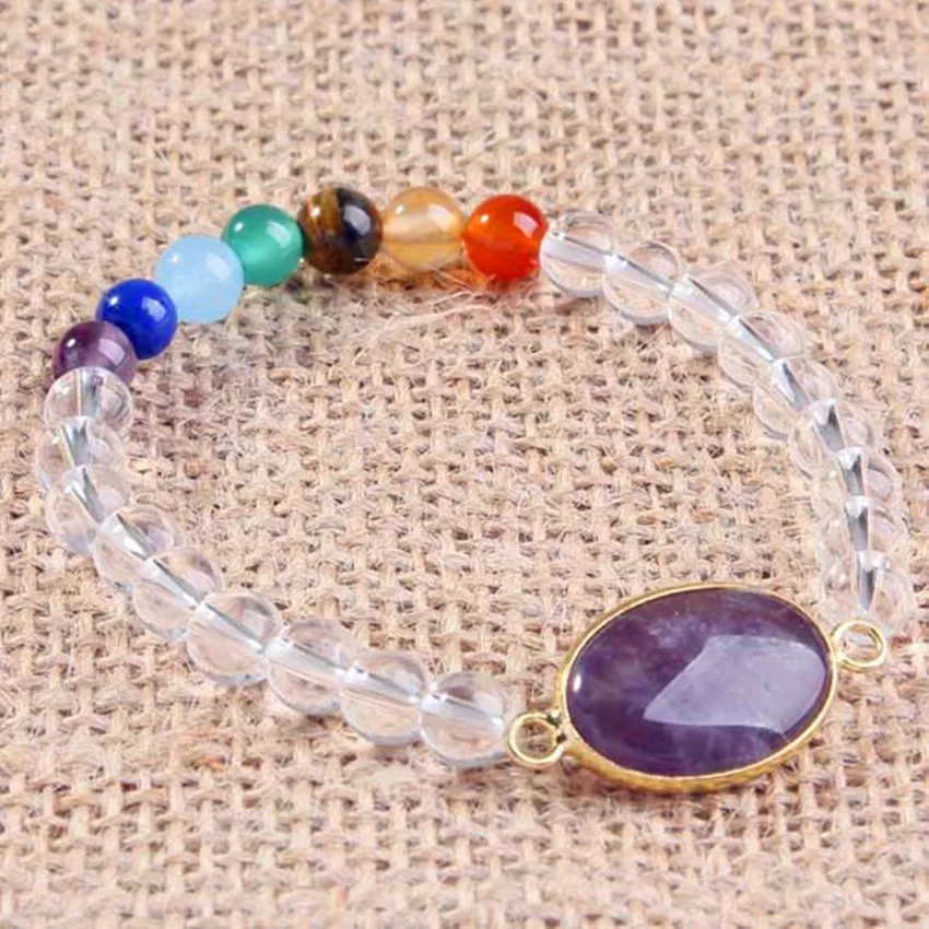 100-Unique 1 Pcs Light Yellow Gold Color Natural Rock Crystal Connect Purple Amethysts Healing Chakra Bracelets | Украшения и