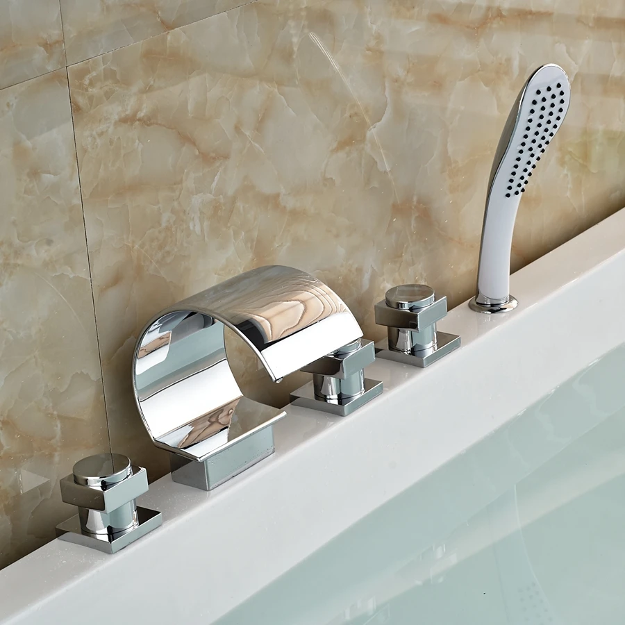 Widespread Deck Mounted Shower Faucet Set Waterfall Tub Spout Faucet Mixer Tap