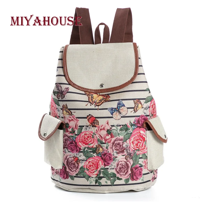 

Льняной рюкзак Miyahouse в стиле ретро с цветочным принтом, дизайнерские школьные ранцы в полоску с бабочкой для подростков, дорожный рюкзак для девочек с индивидуальным рисунком