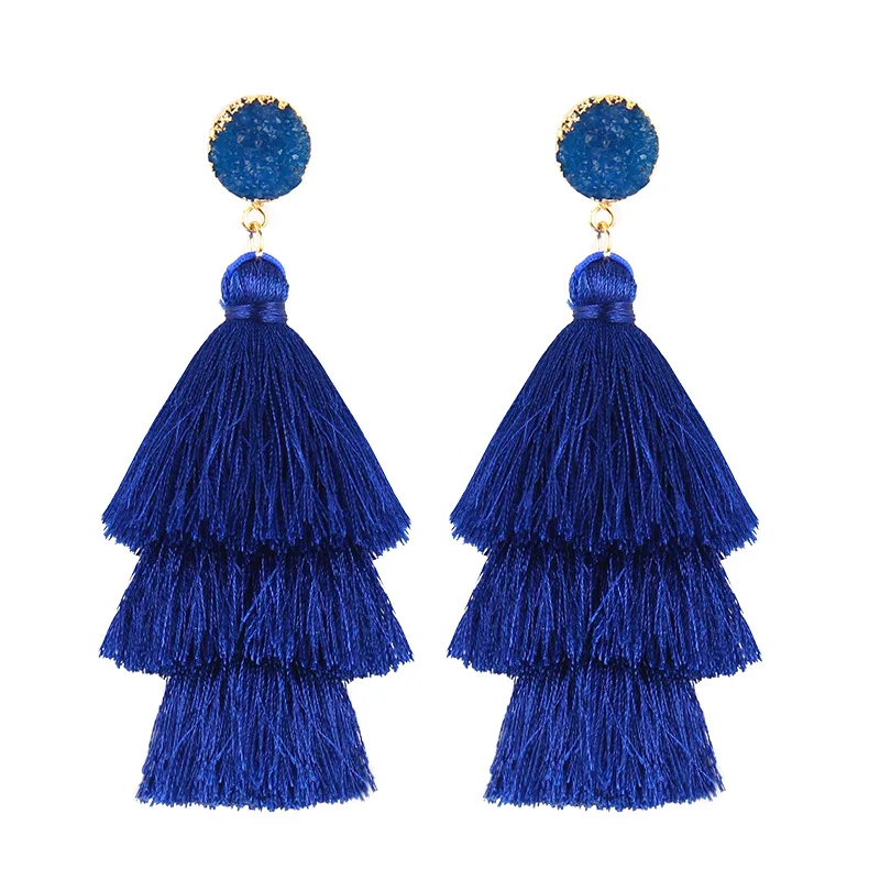 Lzhlq Blue Dangle Druzy Earrings Drop Tassel Earrings Female Long Layered Raffia Tassels Earring Fringo Boho Bohemian Jewelry (5)