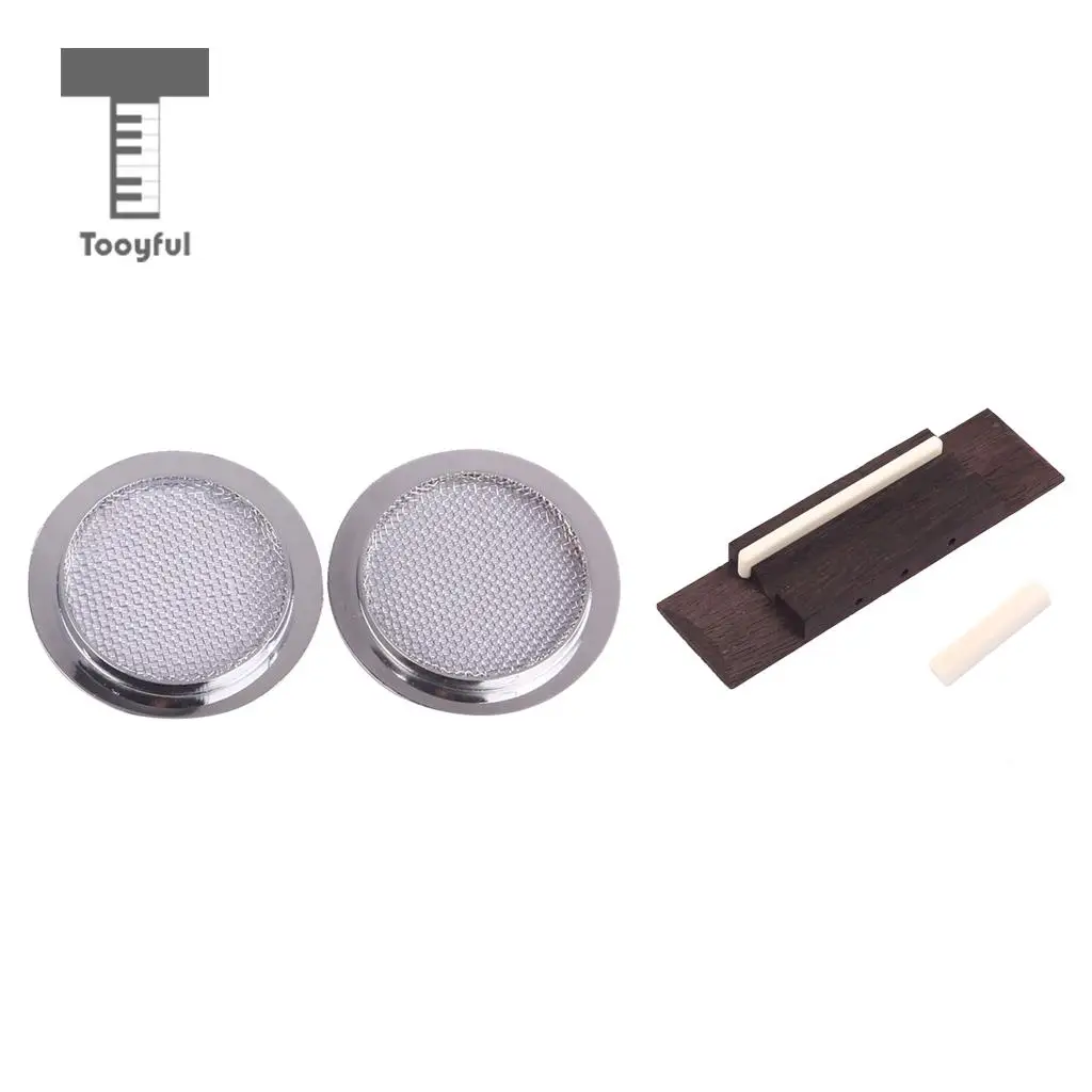 Chrome Guitar Sound Hole Inserts+Rosewood Bridge Saddle Nut for Resonator Cigar Box Guitar
