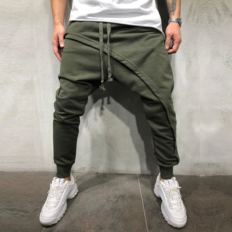 

Men Asymetric Layered Jogger Pant Hip Hop Streetwear Jogger Pants Slim Fit Casual Drawstring Close Bottom Long Pants