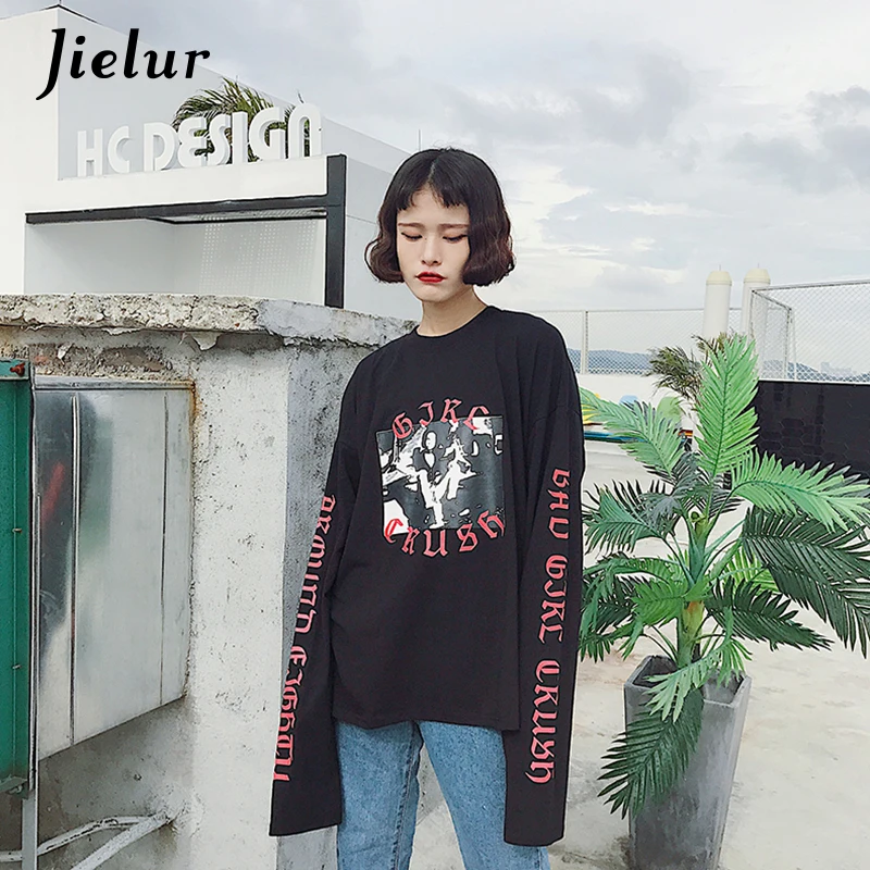 Фото Jielur Harajuku BF Autumn New Women's T-shirts Loose Letter Print Full Sleeve Top Korean Pop Street Fashion Female T-shirt M-XXL | Женская