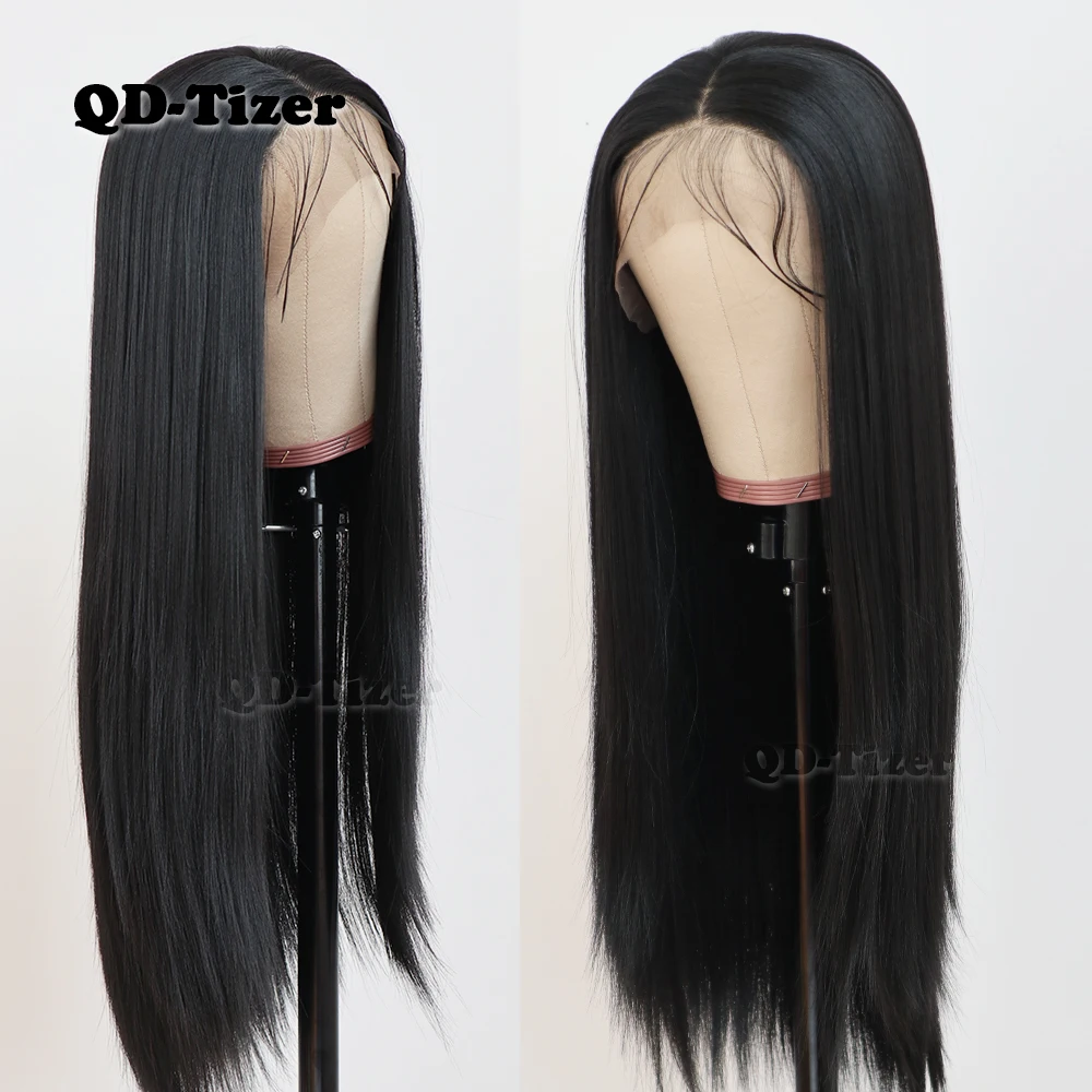 QD Tizer черный цвет длинные прямые волосы кружевной передний парик гладкий