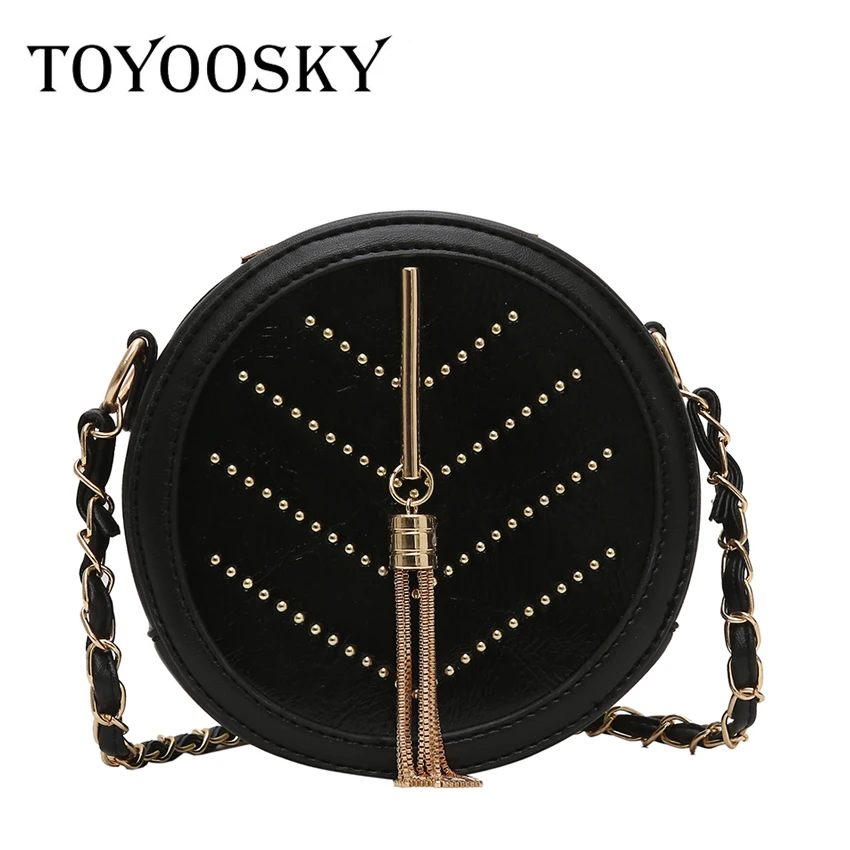 

TOYOOSKY Famous Designer Brand Women PU Leather Handbag Fashion Rivet Ladies Shoulder Bags Tassel Chain Circle Crossbody Bag