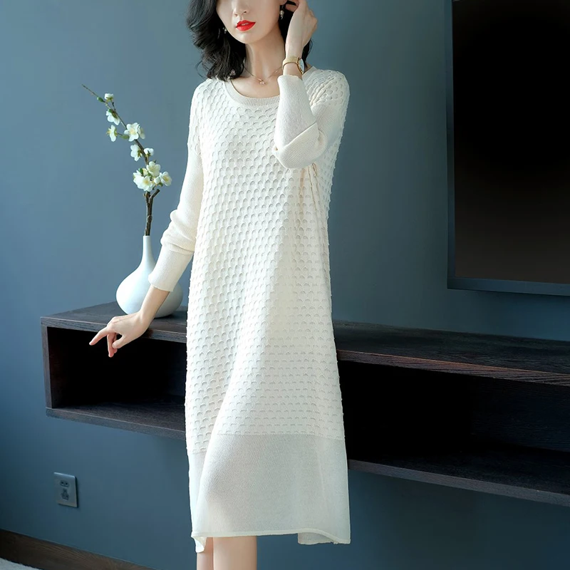 2018 Women Autumn Spring Sweater Knitted Dresses Long Sleeve Lady solid loose Dresses 
2018 Women Autumn Spring Sweater Knitted Dresses Long Sleeve Lady solid loose Dresses