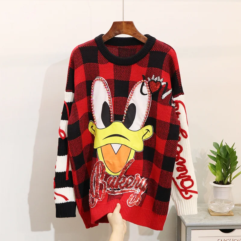 Korea style long pullover O-neck women winter sweater Loose Red plaid fashion jumper Knitting femme knitted patchwork | Женская одежда