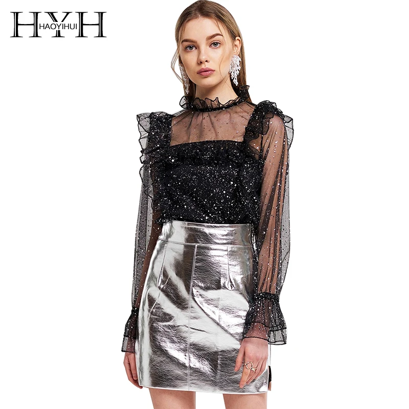 

HYH HAOYIHUI Sexy Grenadine Semi Opaque Frill Solid Blouse Long Butterfly Sleeve Seductive Graceful Mesh Elegant Shirt For Lady