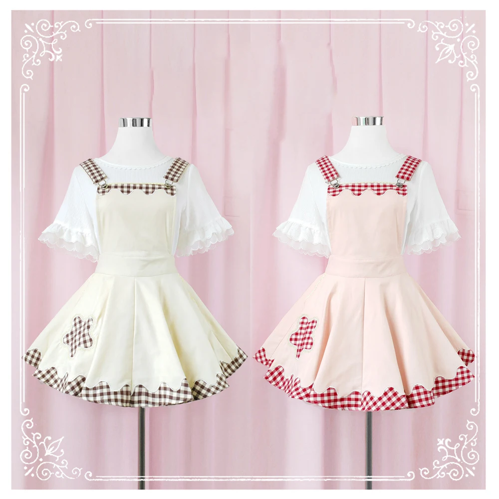 

Japanese Preppy Style Girl Sweet Lolita Kawaii Plaid Suspender Skirt Soft Sister Cute Sleeveless Women's 2Colors Sling Skirts