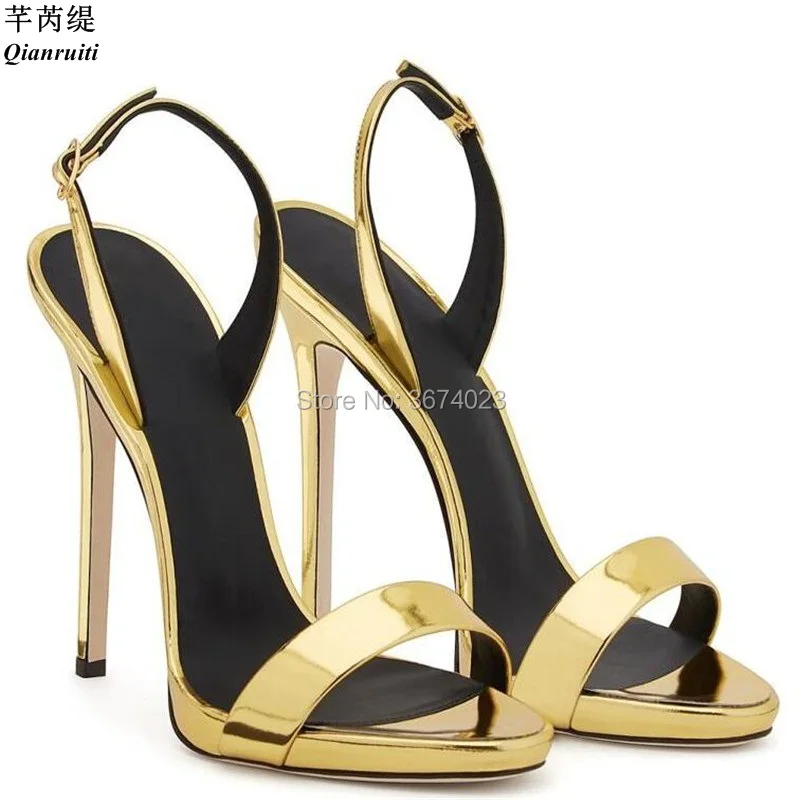 

Qianruiti Celebrity Party Sandals Mirrored Gold Patent Leather Sandals Peep Toe Back Strap High Heels Red Black Beige Sandalias