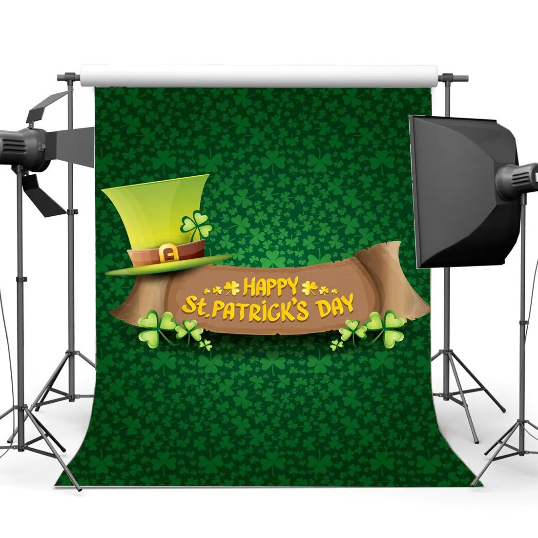 

Happy St.Patrick's Day Backdrop Lucky Irish Shamrock Green Four-leaf Clover Leprechaun's Hat Background