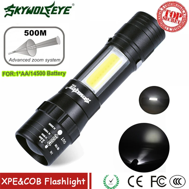 Aluminum Waterproof ZOOMABLE XPE Q5 + COB LED Mini Led Flashlight Torch Tactical light 14500AA Rechargeable Battery F#4S29 (2)