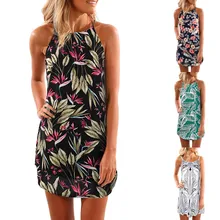 Vestido de mujer sin mangas, abierto hacia atrás vestido de verano de cuello redondo estampado Floral Casual Mini vestido de poliéster bata moulante mujer 2019(China)