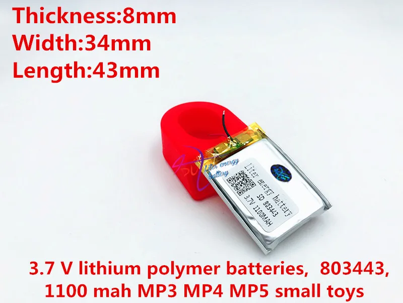 li-po Liter energy battery 3.7 V lithium polymer batteries, 803443, 1100 mah MP3 MP4 MP5 small toys
li-po Liter energy battery 3.7 V lithium polymer batteries, 803443, 1100 mah MP3 MP4 MP5 small toys