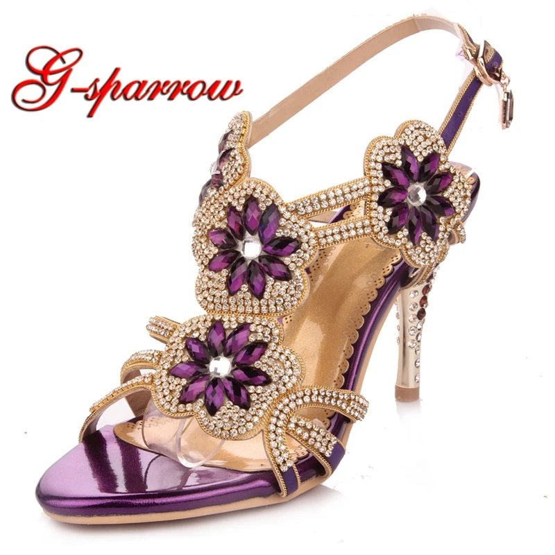 

Purple Flower Summer Sandals Rhinestone Lady Real Leather Sexy High Heels Crystal Thin Heel Women Sandal Honeymoon Pumps