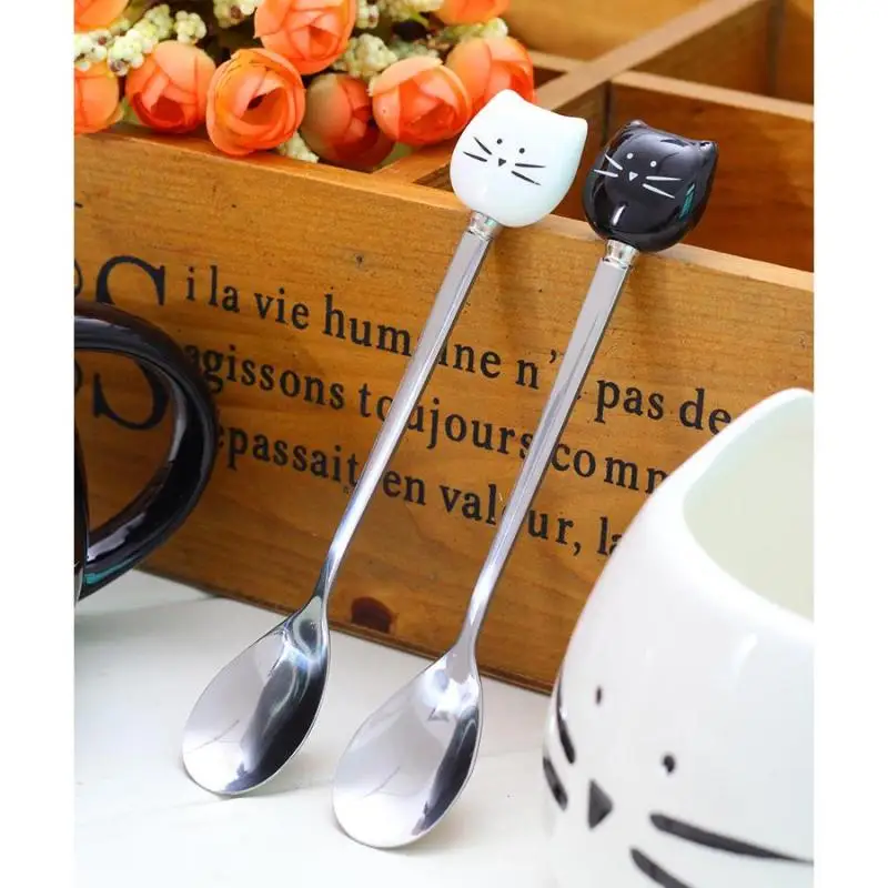 Image cartoon cute Stainless Steel 1pc spoons cat spoon coffee tea spoon