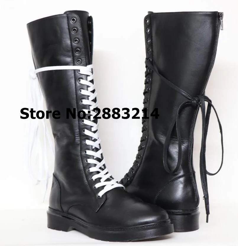 

New Arrivals Real Leather Lace Up Knee High Long Boots Rome Design Men Round Toe Flats Boots Shoes Winter Male Motorcycle Boots