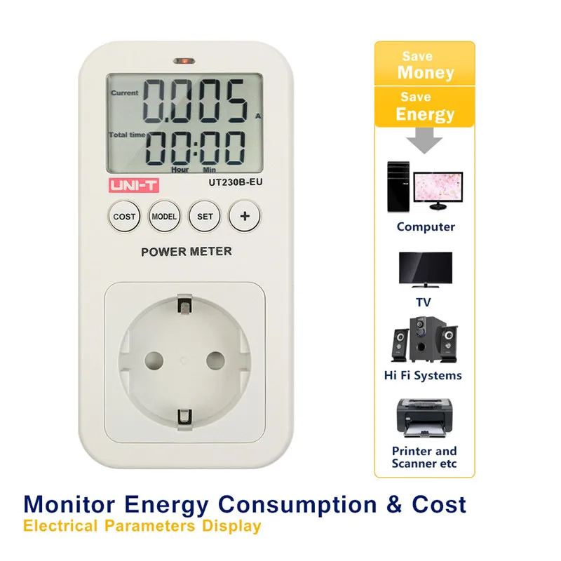 UNI-T UT230B-EU wattmeter Voltage Current Cost Frequency Power Meter LCD Energy Consumption Monitor digital Power meter
UNI-T UT230B-EU wattmeter Voltage Current Cost Frequency Power Meter LCD Energy Consumption Monitor digital Power meter