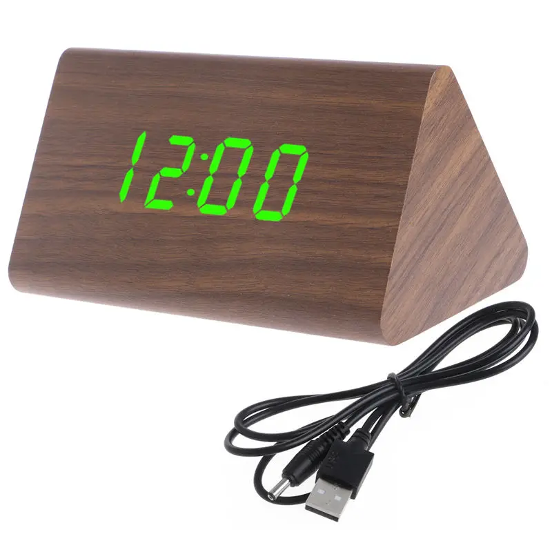 Shellhard Useful LED Display Sound Voice Control Alarm Clocks Snooze Simple Wooden Desk Clock with USB Cable for Home Bedroom