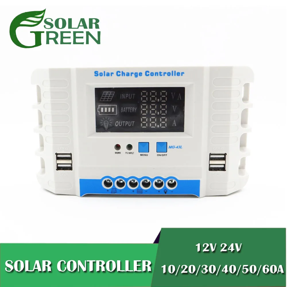 60 50 40 30 20 10 A AMPS 24V 12V Auto Solar Panel Battery Charge Controller PWM LCD Display Solar Collector Regulator USB two
60 50 40 30 20 10 A AMPS 24V 12V Auto Solar Panel Battery Charge Controller PWM LCD Display Solar Collector Regulator USB two