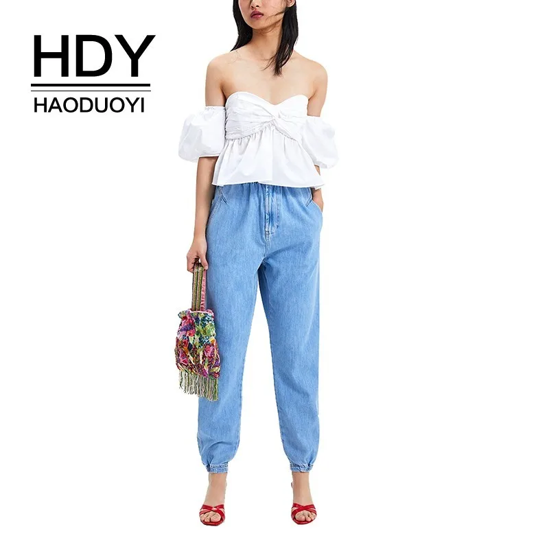 

HDY Haoduoyi Fashion Off Shoulder Crop Tops Women Summer Solid Colorl Antern Sleeve Shirts Lady Sexy Slash Neck Casual Blouse