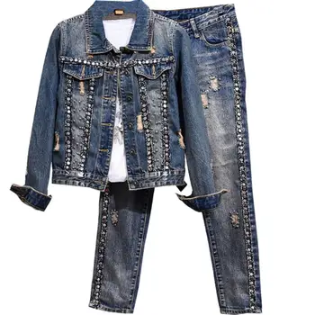 Fashion beading autumn new heavy denim jacket+skinny hole pencil jeans women two pieces sets
Fashion beading autumn new heavy denim jacket+skinny hole pencil jeans women two pieces sets
